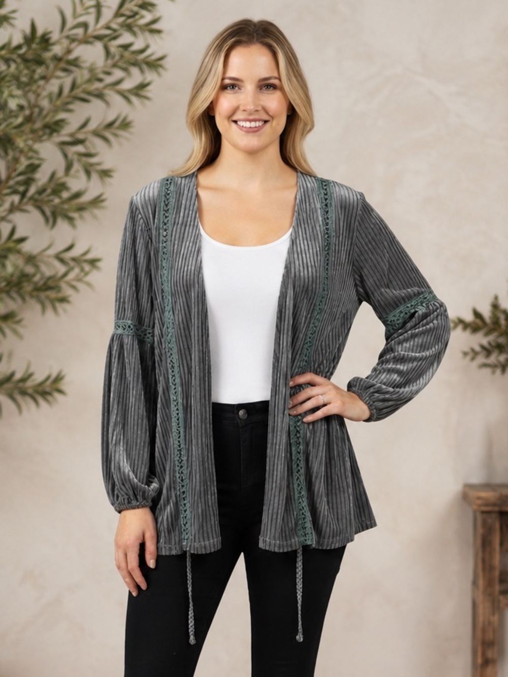 105 POL Gray Ribbed Open-Front Cardigan with Crochet Oversized Small NWOT
